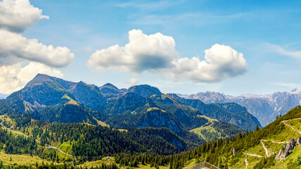 Panoramic landscape scenery of Berchtesgardender Alps, Mountain ridge Schneibstein. view from the...