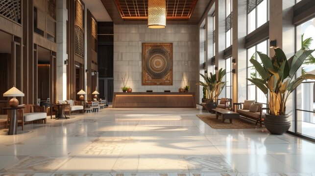 Boutique hotel lobby with unique decor, artistic touches, and a welcoming feel, ideal for niche and luxury travel concepts, isolated white background.