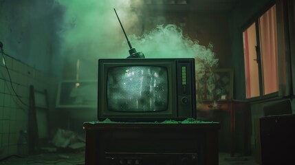 Vintage TV in a dark, smoky room emitting eerie green light, evoking a retro and mysterious atmosphere.