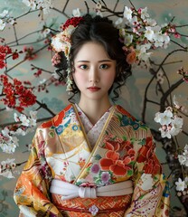 Naklejka premium Portrait of a young woman in a kimono with cherry blossoms