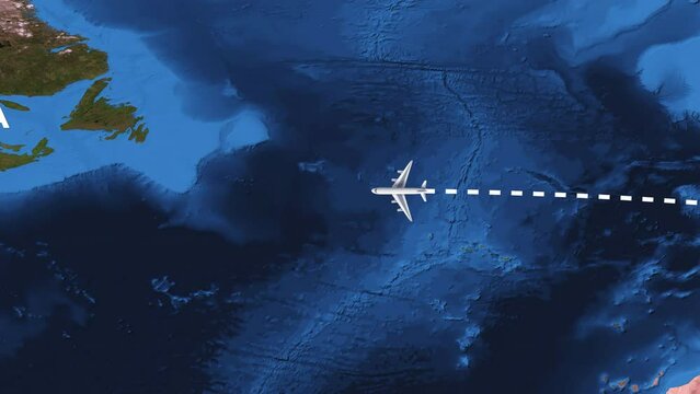 International flight travel route from Doha to New York on worlds map in 4K