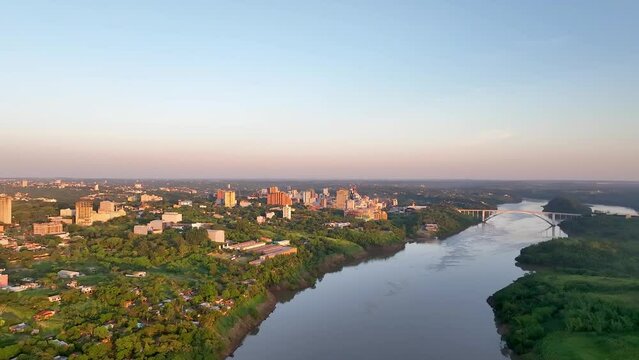 Ponte da Amizade in Foz do Igua&ccedil;u. Aerial view the Friendship Bridge that marks the border between Brazil and Paraguay and connects Foz do Igua&ccedil;u to Ciudad del Este. Paran&aacute; river.

