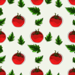 Seamless pattern, background with ripe red juicy tomatoes. Red tomato, cherry tomato. For textiles, illustrations, packaging paper, printing about natural vitamins, healthy eating, immunity