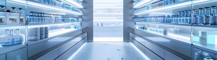 3D rendering of an advanced medical storage room with shelves lined up with bottles and vials containing various italic colors, scientific equipment, lights, and holographic images of science. The sce
