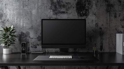 Black Base Office Desk with Computer and Keyboard Against a Concrete Wall, Featuring a Minimalist Mockup for Modern Workspace Design and Technology Showcase