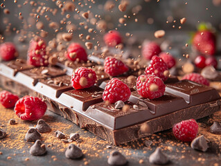Dark and milk chopping chocolate and chips shavings chopping chocolate with fresh raspberries 