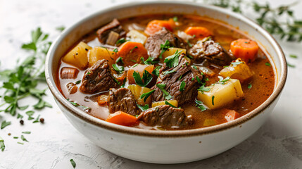 Bowl of hearty beef stew with vegetables on a white background