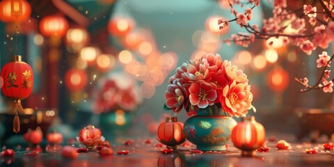 Fototapeta premium Vases Adorned with Flowers and Lucky Red Lanterns