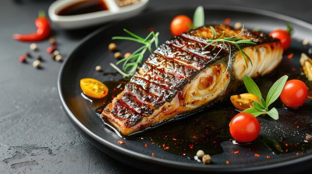 Grilled black cod fish with soy sauce and mixed vegetables on a dark backdrop