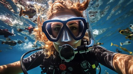 Close-up shot of a diver's face, surrounded by bubbles and vibrant marine life.