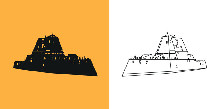 Silhouette of a US Navy DDG 1000 Zumwalt multirole battleship. Vector image of black and white illustrations and charts 
