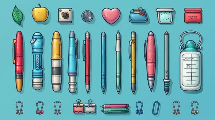 Illustrate a set of office supply symbols, including pens, paper