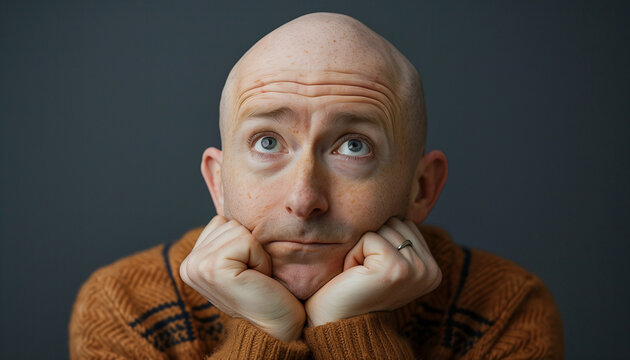 Portrait of a bald man resting his chin on his hands, looking upwards with a thoughtful expression, celebrating national bald is beautiful day with confidence and poise - Powered by Adobe