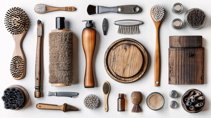 Collection of beard grooming products isolated on white background