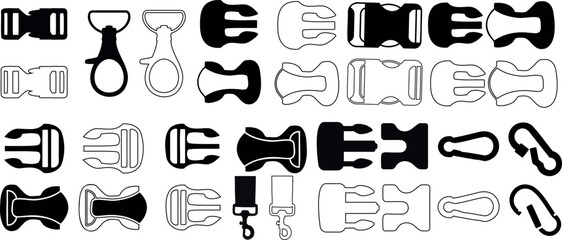 Plastic buckle vector set. Various quick release buckles, strap. Ideal for straps, backpacks, outdoor gear