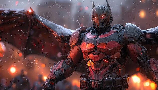 Batman In Futuristic Armor With Red And Black Suit And Wings Standing In A Snowy City