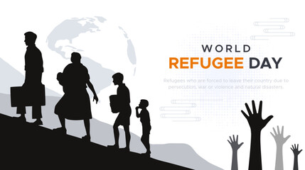 World Refugee Day, June. design concept of refugees who migrate due to violent behavior and war. silhouettes of people carrying their belongings to evacuate and be evacuated