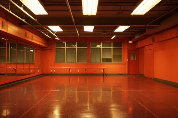 Wideangle view of an empty dance studio with bright lighting and red walls