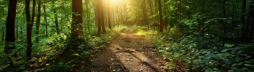 Obraz premium Dense forest trail with a clear path, sunlight dappling through the leaves, inviting and adventurous mood, ideal for hiking and exploration themes, isolated background.