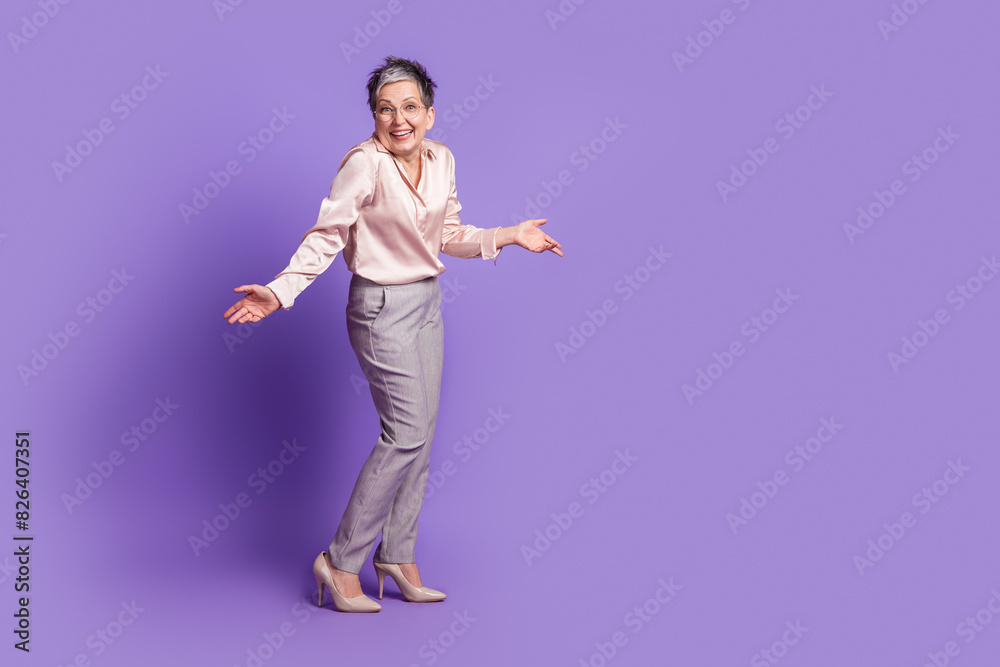 Sticker full body photo of attractive retired woman shrug shoulders dressed stylish satin clothes isolated o