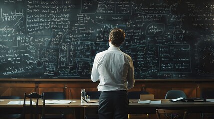 A teacher writing complex equations on the blackboard while looking at students, seen from behind with an out of focus background. The chalk board is filled with mathematical formulas and symbols. A h