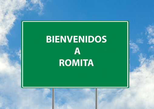 Siguiente salida Bienvenidos a romina una se&ntilde;al verde sobre fondo de cielo azul. Colecci&oacute;n de se&ntilde;ales de tr&aacute;fico conceptuales