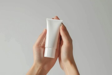 Hand-Holding Blank Skincare Tube on Minimalist Background