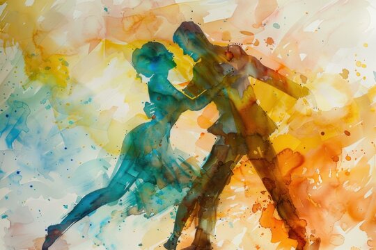 Vibrant abstract watercolor painting of dance silhouettes on canvas, capturing the essence and movement of a colorful, dynamic couple in a fluid and artistic expression
