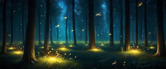 A captivating scene of a mystical forest illuminated by countless glowing fireflies at night.