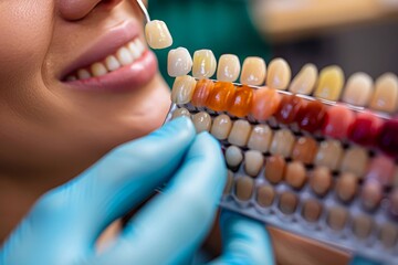 A dentist's gloved hands holding a color chart for dental implants near a patient's blurred face
