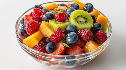 Fresh tropical fruit salad in a bowl on a white background