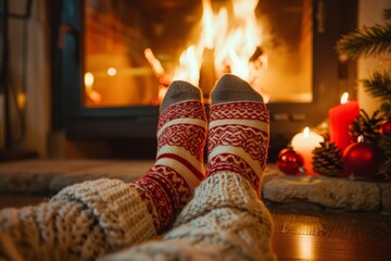 Warming concept image of feet in festive socks by a roaring fire with Christmas decorations