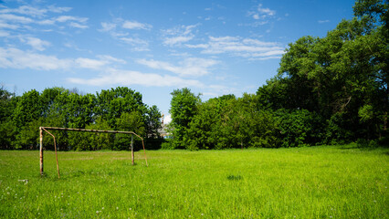 Old stadium, abandoned soccer gates, minimalism
