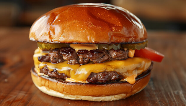 Close-up of a mouthwatering double cheeseburger with melted cheese, fresh pickles, and plump patties, served on a rustic wooden table, celebrating national cheeseburger day