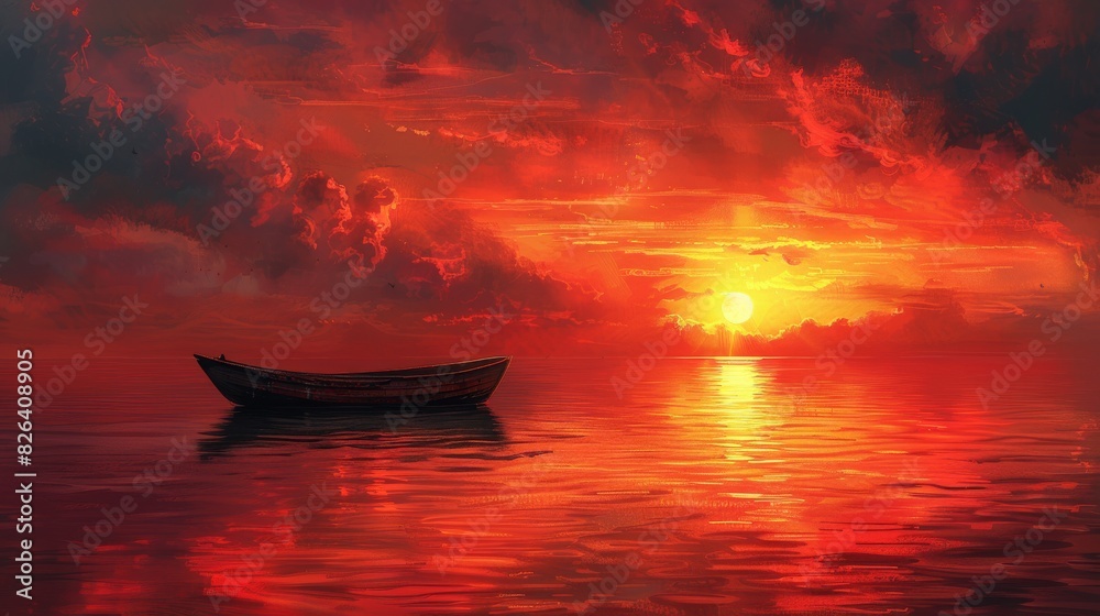 Sticker Serene sunset seascape with lonely boat