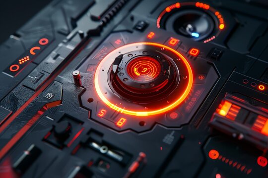 Digital lock interface, closeup, showcasing advanced security features, futuristic tone, Complementary Color Scheme