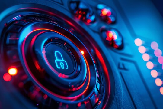 Digital lock interface, closeup, showcasing advanced security features, futuristic tone, Complementary Color Scheme