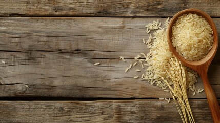 Healthy food pile organic raw rice in wooden spoon on wood table background. Generated AI