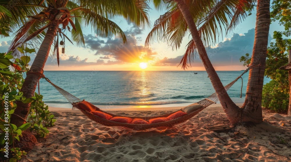 Poster Serene beach sunset with hammock between palms