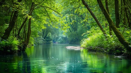 Serene river flowing through lush green forest, clear blue water reflecting the surrounding trees, perfect for peaceful and natural landscape themes, isolated background.