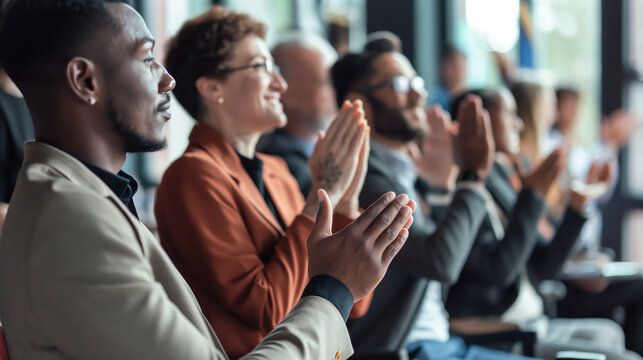 Diverse audience in formal attire clapping hands in a well-lit indoor event or conference