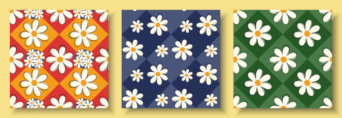 seamless pattern  white daisy flowers on checkered background set. floral print 