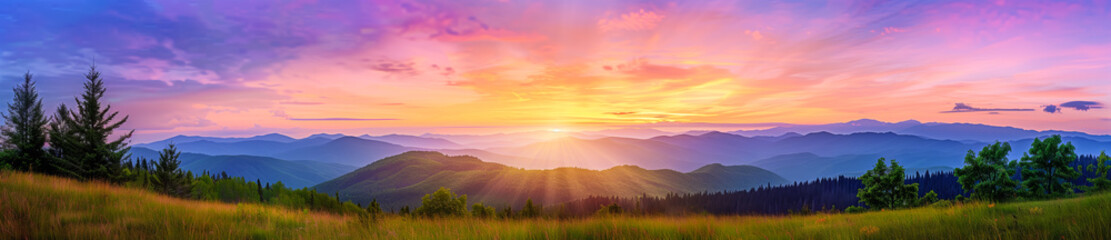 Background banner panoramic view of the sunrise over the mountains in a proportion of 125 by 27.