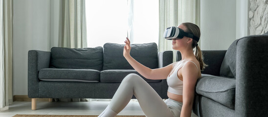 VR sport,Workout home vr,Fitness vr home,VR fit.Girl doing fitness in VR glasses home ,virtual...