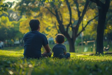 Father and son sitting on the grass in a park, Father's Day concept.