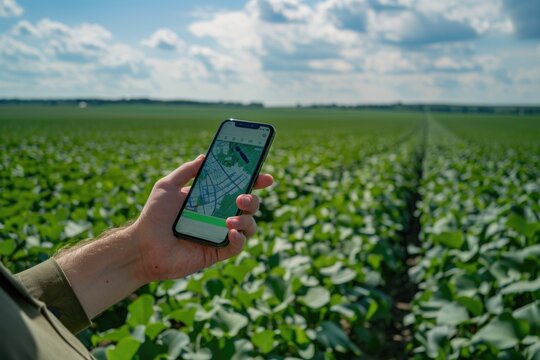 Hand of a farmer holding a cell phone, plantation in the background, concept of agriculture and technology.