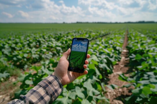 Hand of a farmer holding a cell phone, plantation in the background, concept of agriculture and technology.