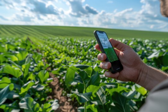 Hand of a farmer holding a cell phone, plantation in the background, concept of agriculture and technology.