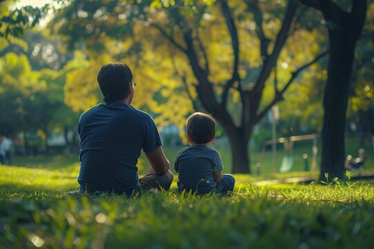 Father and son sitting on the grass in a park, Father's Day concept.