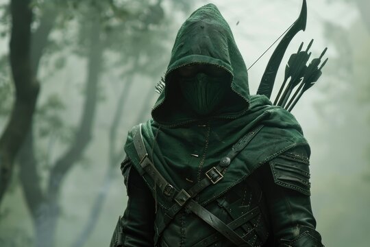 Hooded ranger with green leather armor and an arrow quiver on his shoulder in a misty forest, fantasy concept.